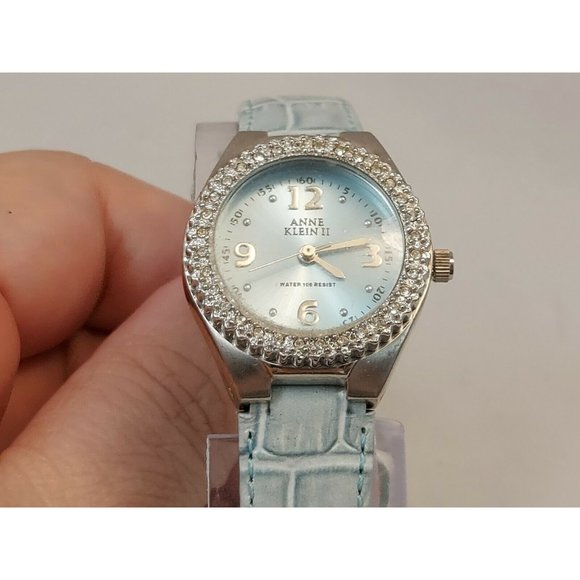 ANNE KLEIN II PEARL DIAL CRYSTAL BEZEL QUARTZ WATCH 10/3633 Blue Leather Band - Picture 2 of 8